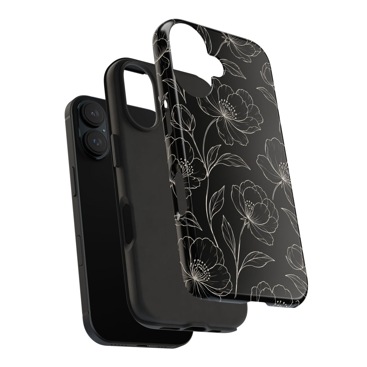 Black Floral Tough Phone Case – White Line Art Flowers Protective Cover