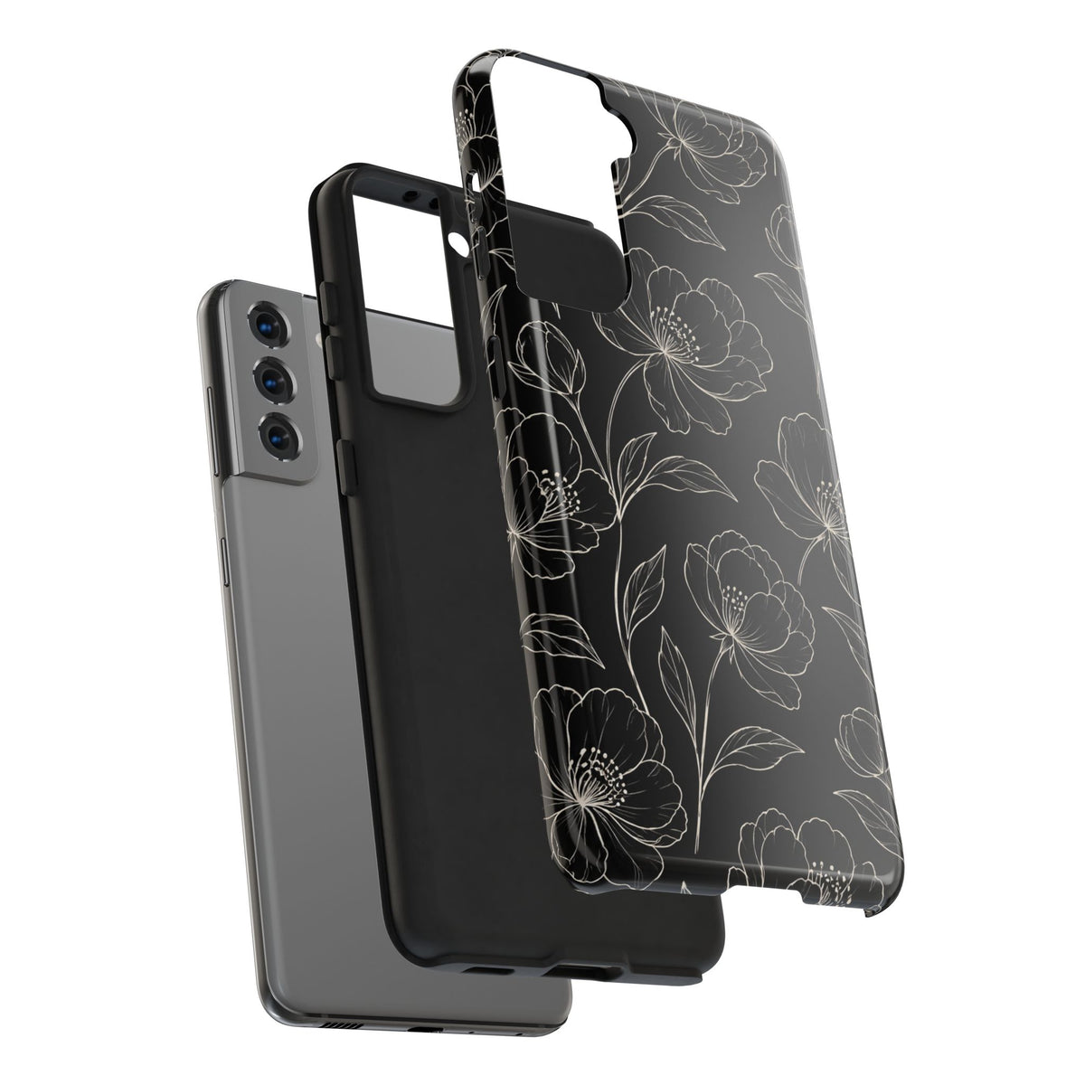 Black Floral Tough Phone Case – White Line Art Flowers Protective Cover
