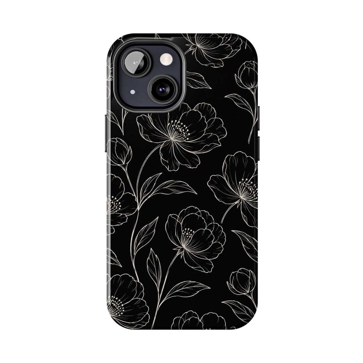 Black Floral Tough Phone Case – White Line Art Flowers Protective Cover