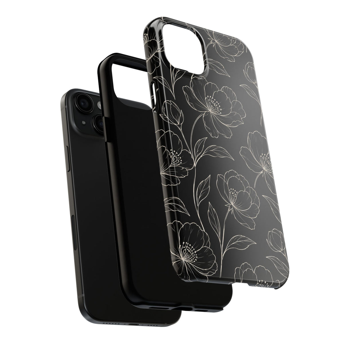 Black Floral Tough Phone Case – White Line Art Flowers Protective Cover