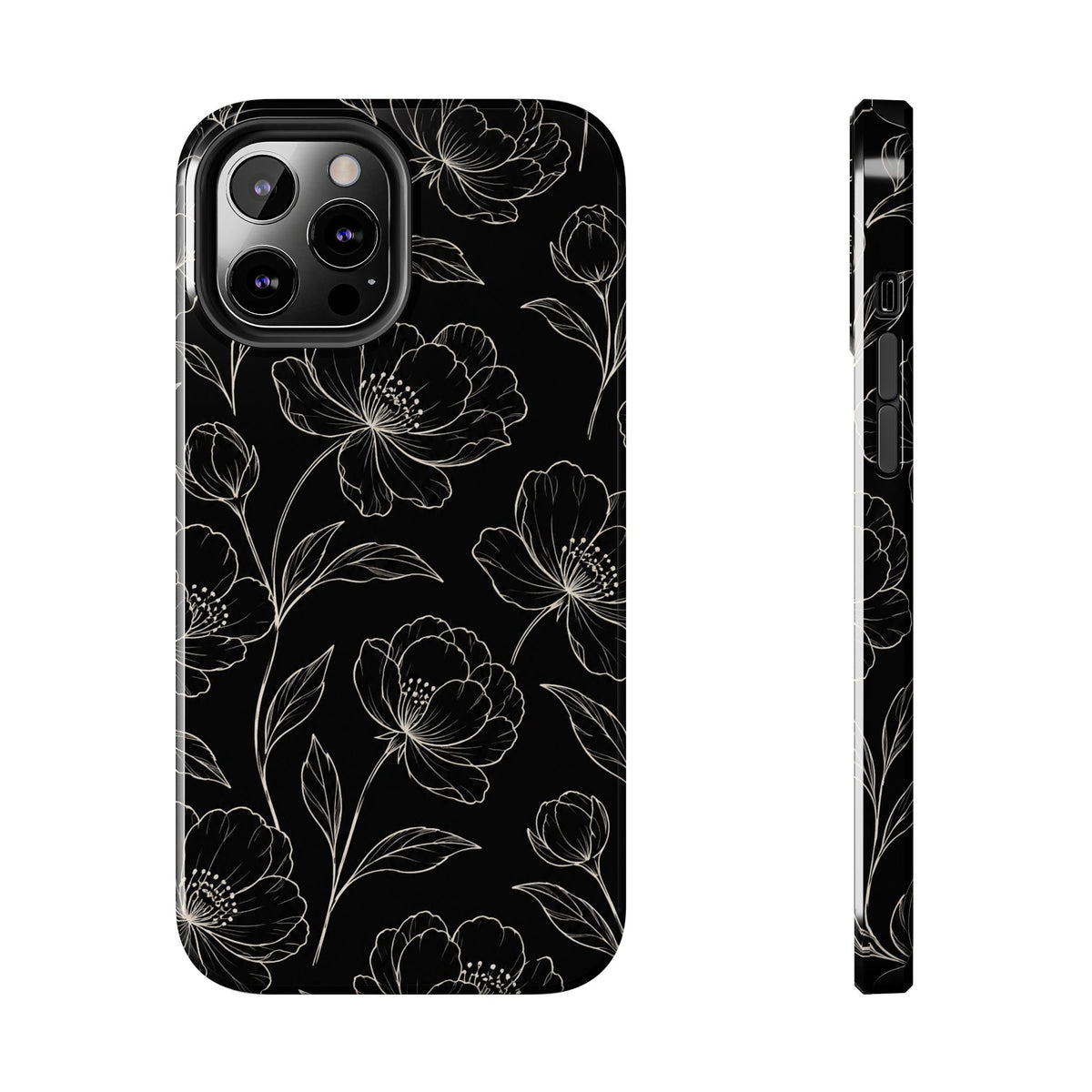 Black Floral Tough Phone Case – White Line Art Flowers Protective Cover