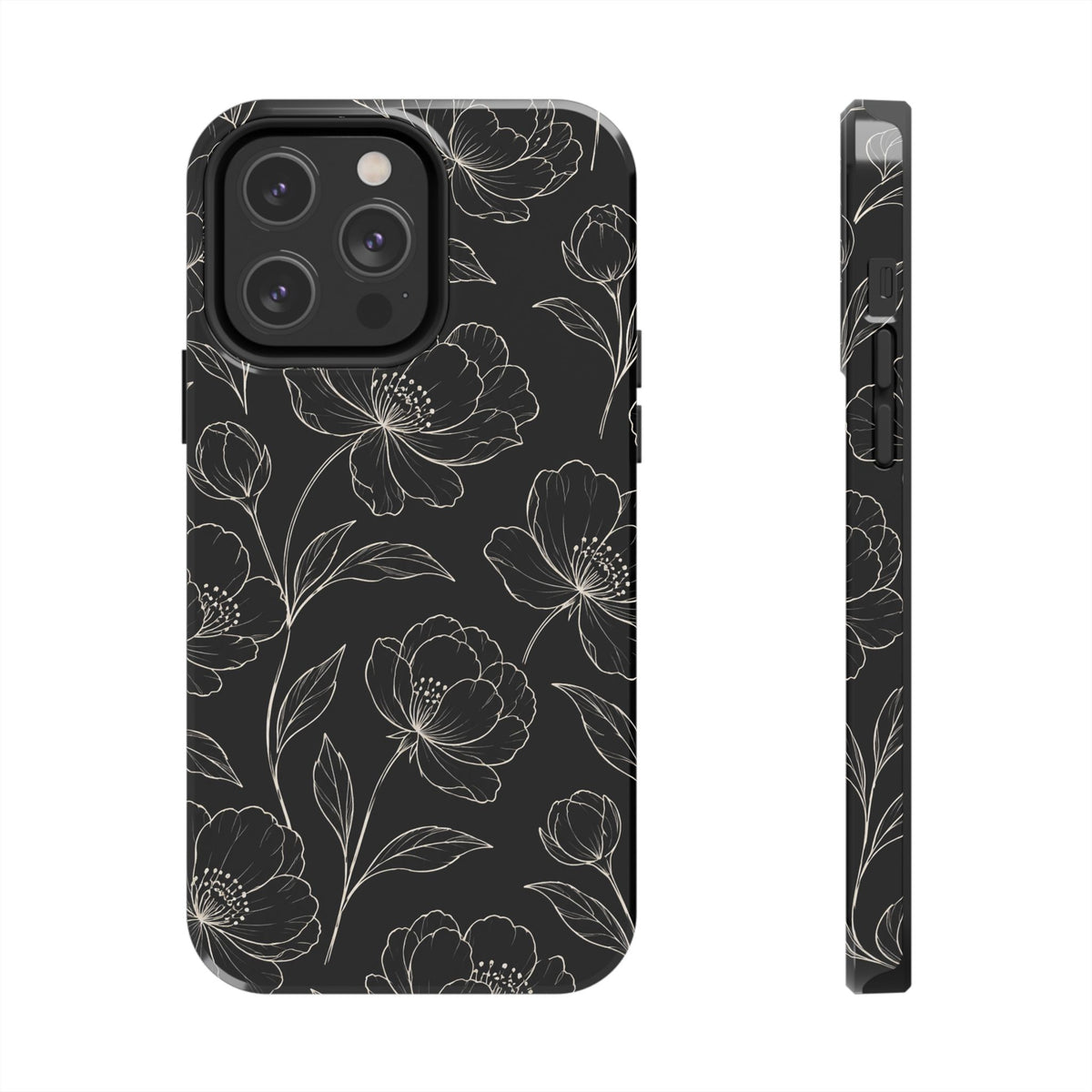 Black Floral Tough Phone Case – White Line Art Flowers Protective Cover
