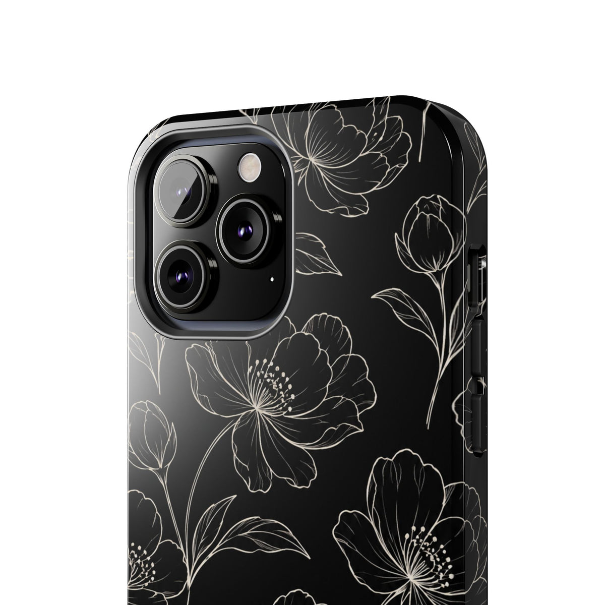 Black Floral Tough Phone Case – White Line Art Flowers Protective Cover