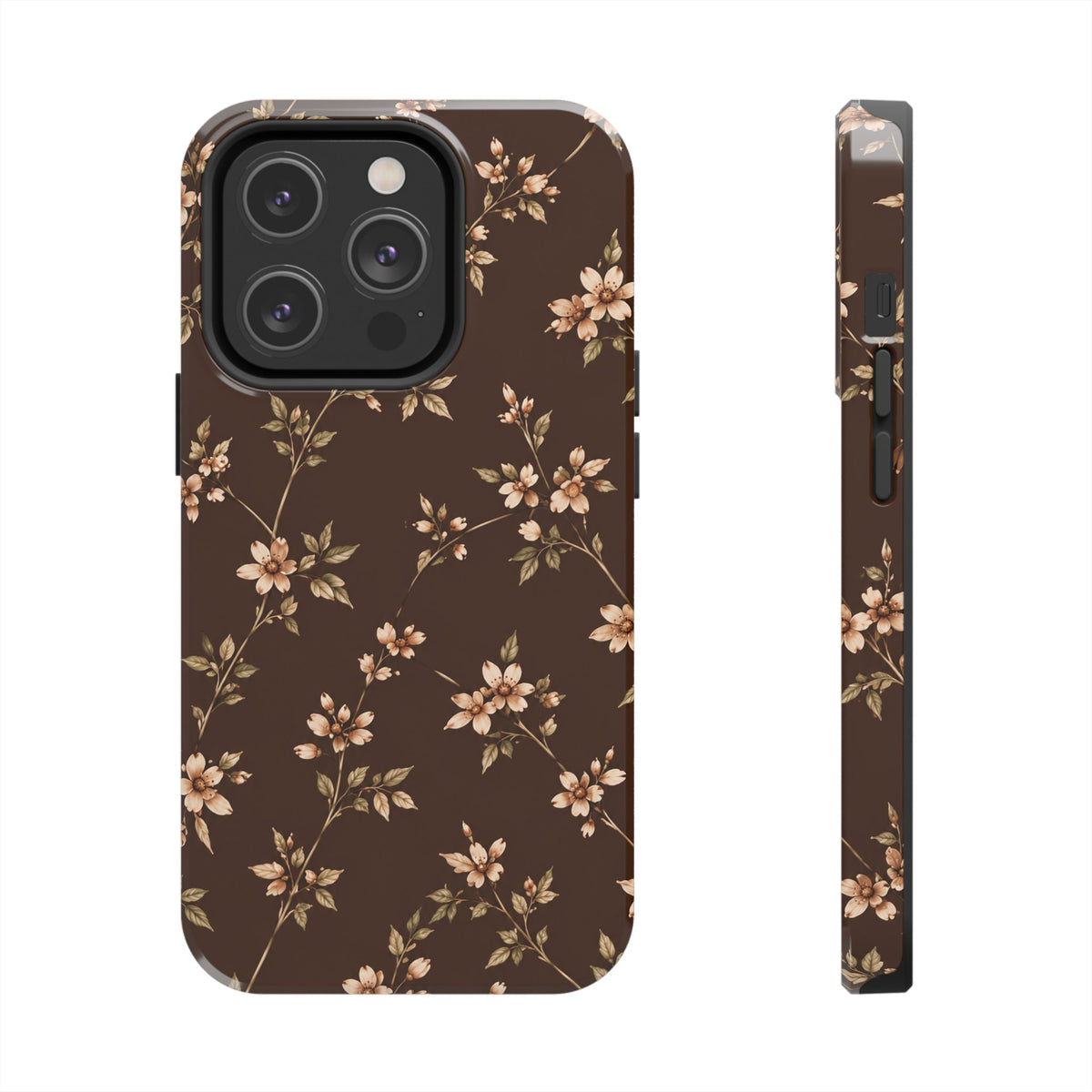 Floral Brown Tough Phone Case — Vintage Cherry Blossom Protective Cover