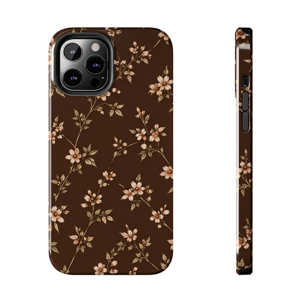 Floral Brown Tough Phone Case — Vintage Cherry Blossom Protective Cover