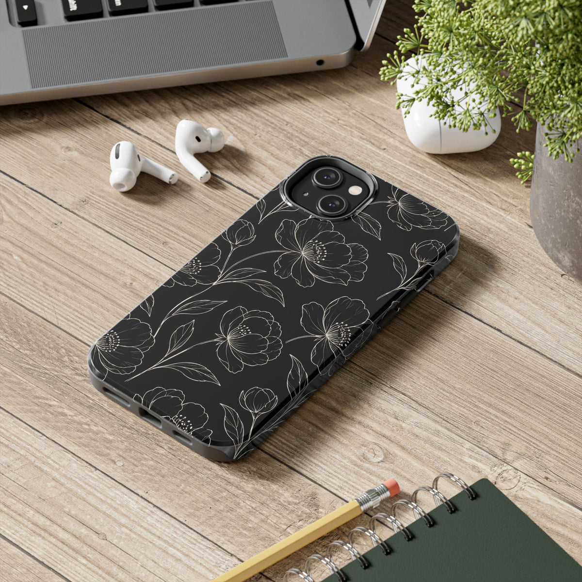 Black Floral Tough Phone Case – White Line Art Flowers Protective Cover