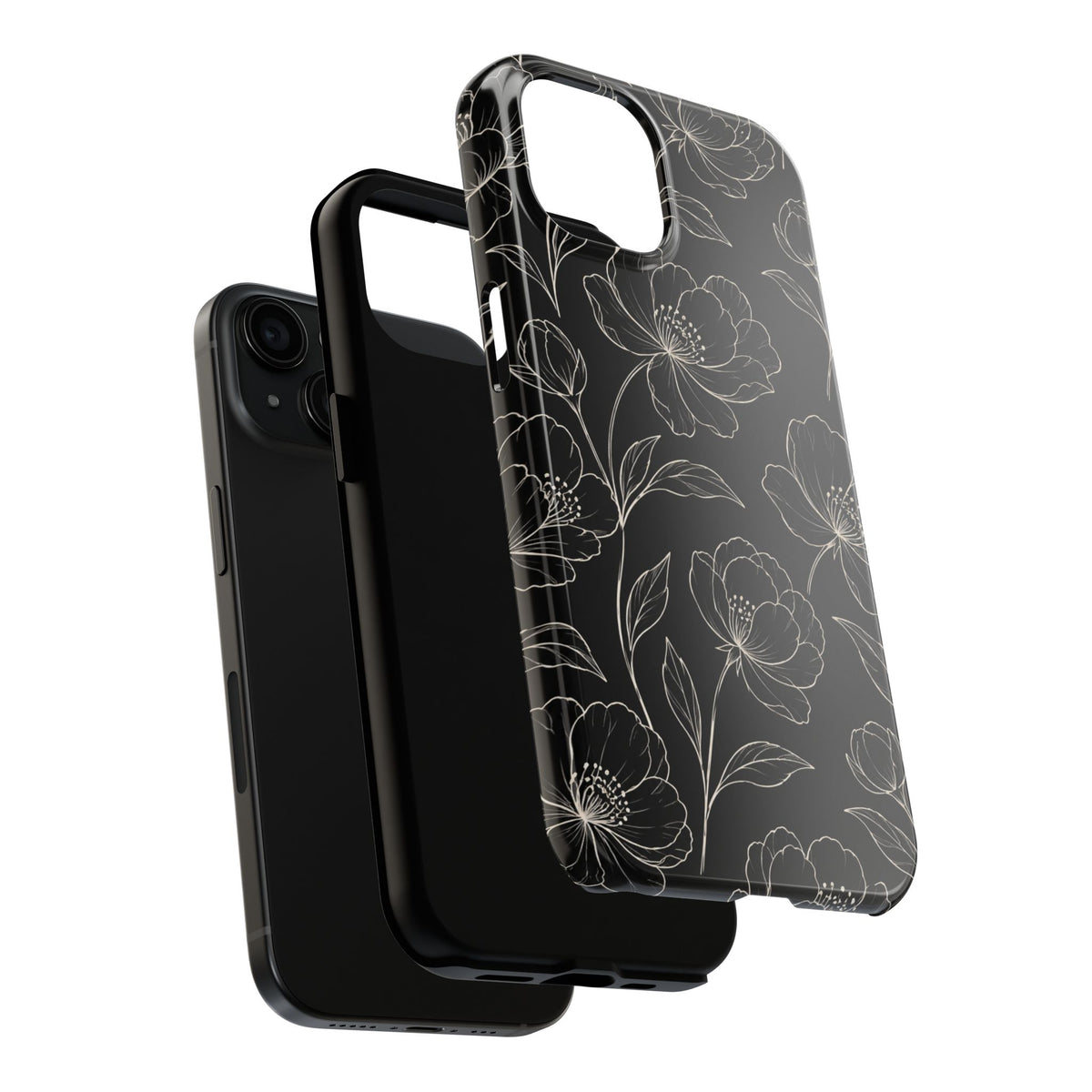 Black Floral Tough Phone Case – White Line Art Flowers Protective Cover