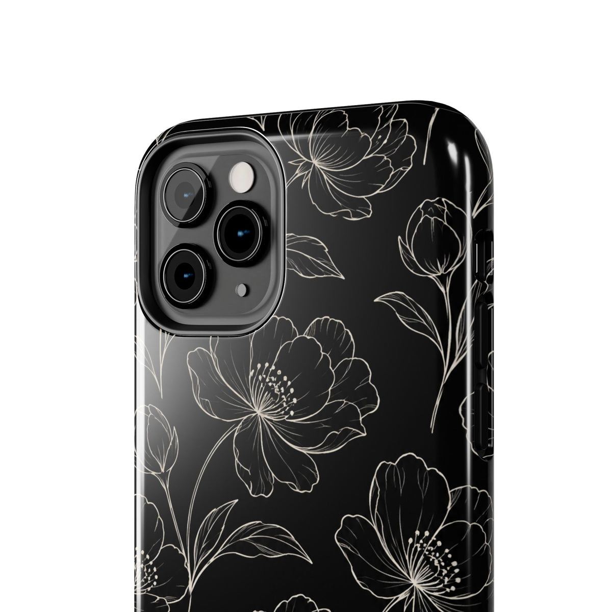 Black Floral Tough Phone Case – White Line Art Flowers Protective Cover