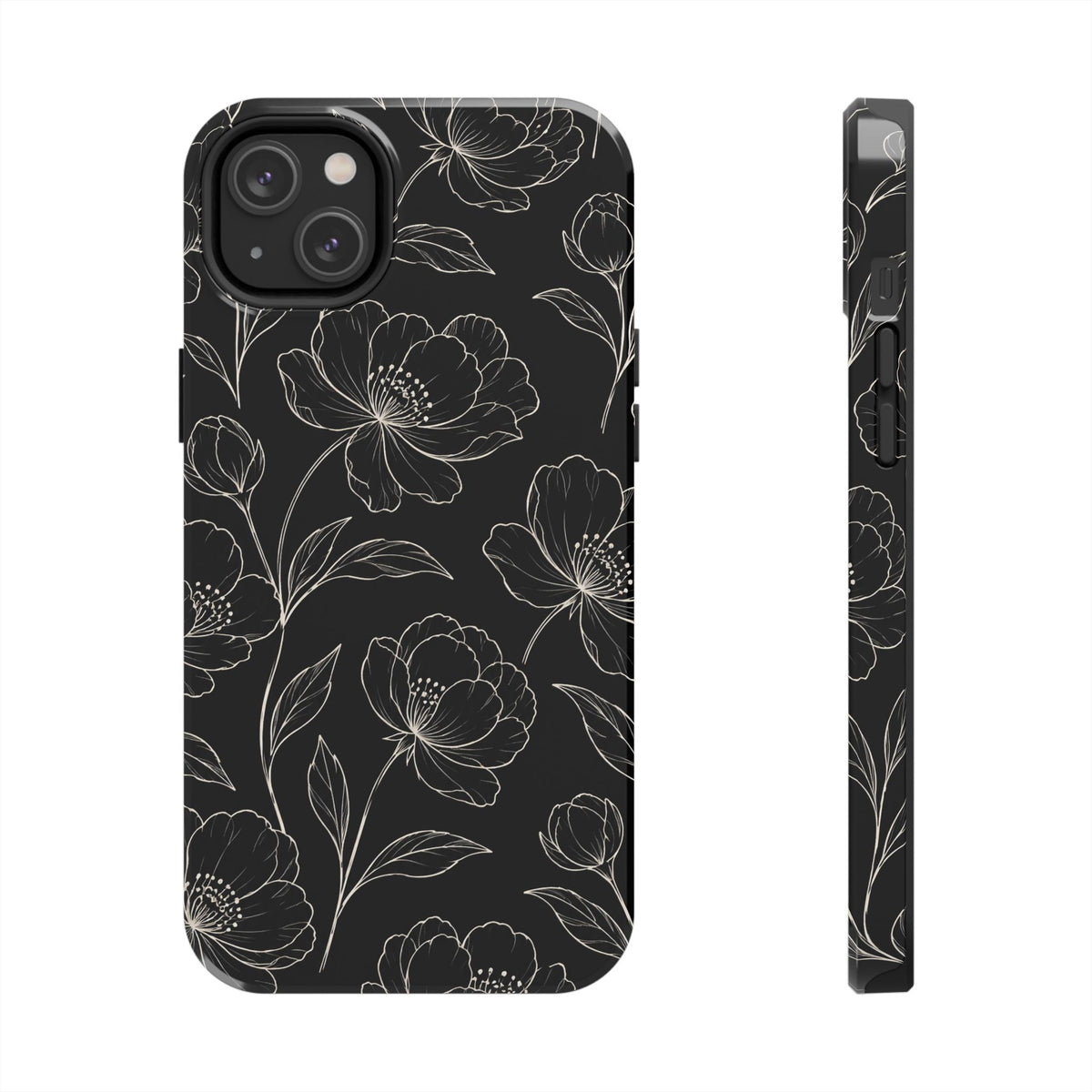 Black Floral Tough Phone Case – White Line Art Flowers Protective Cover