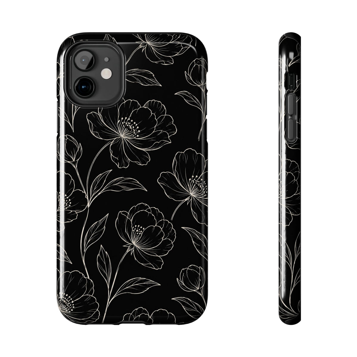 Black Floral Tough Phone Case – White Line Art Flowers Protective Cover