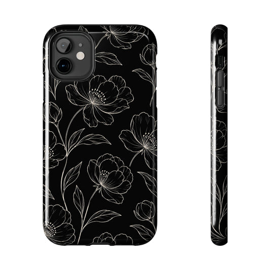 Black Floral Tough Phone Case – White Line Art Flowers Protective Cover