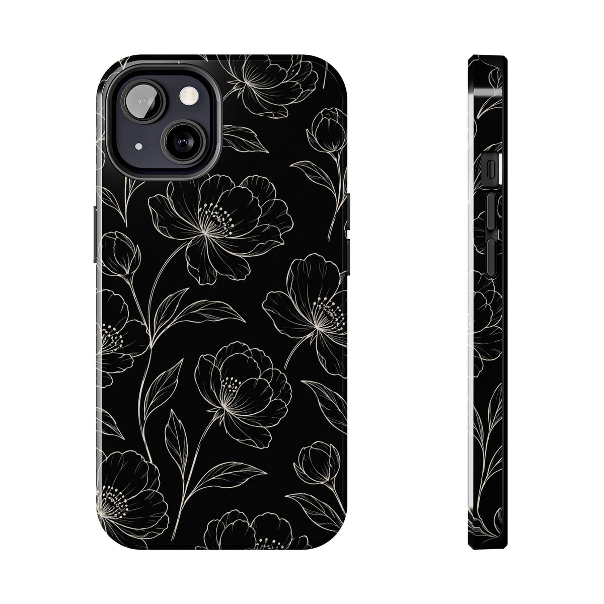 Black Floral Tough Phone Case – White Line Art Flowers Protective Cover