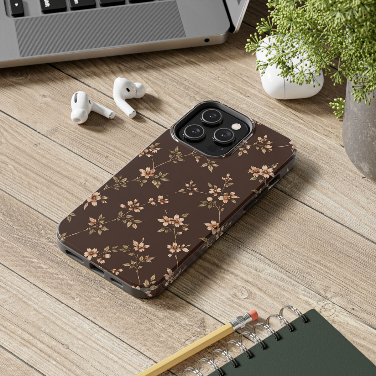 Floral Brown Tough Phone Case — Vintage Cherry Blossom Protective Cover