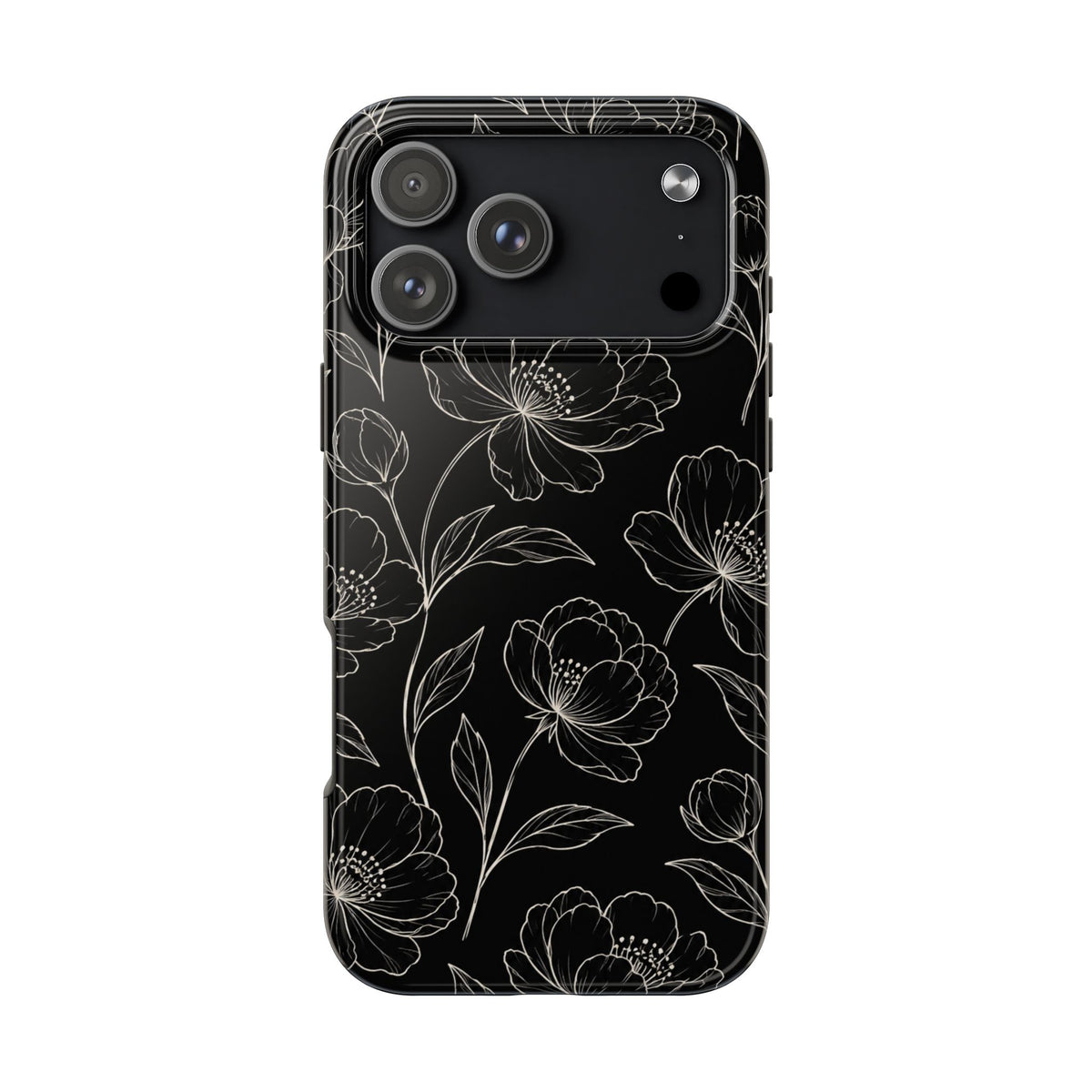 Black Floral Tough Phone Case – White Line Art Flowers Protective Cover