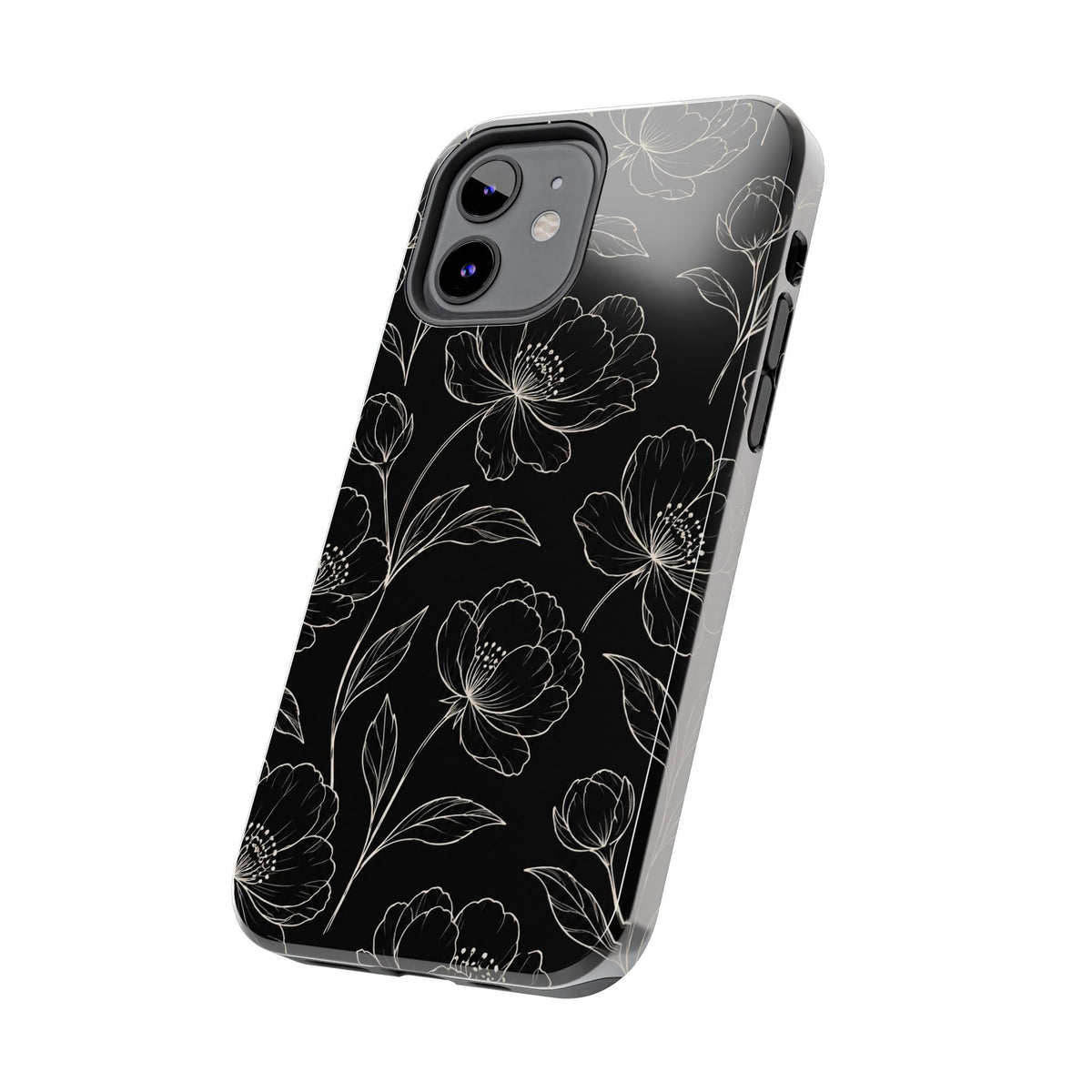 Black Floral Tough Phone Case – White Line Art Flowers Protective Cover