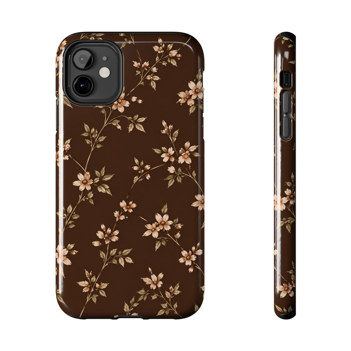 Floral Brown Tough Phone Case — Vintage Cherry Blossom Protective Cover
