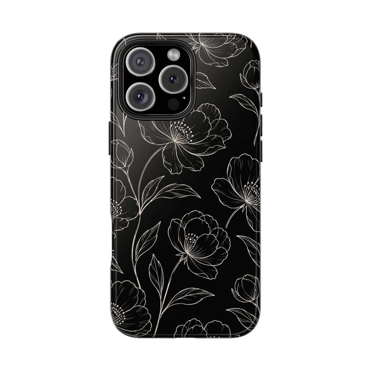 Black Floral Tough Phone Case – White Line Art Flowers Protective Cover