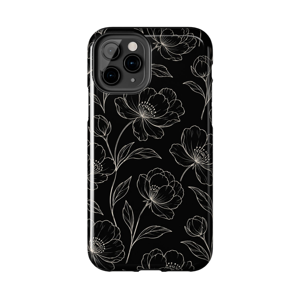 Black Floral Tough Phone Case – White Line Art Flowers Protective Cover