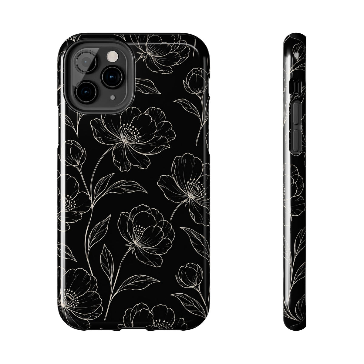 Black Floral Tough Phone Case – White Line Art Flowers Protective Cover