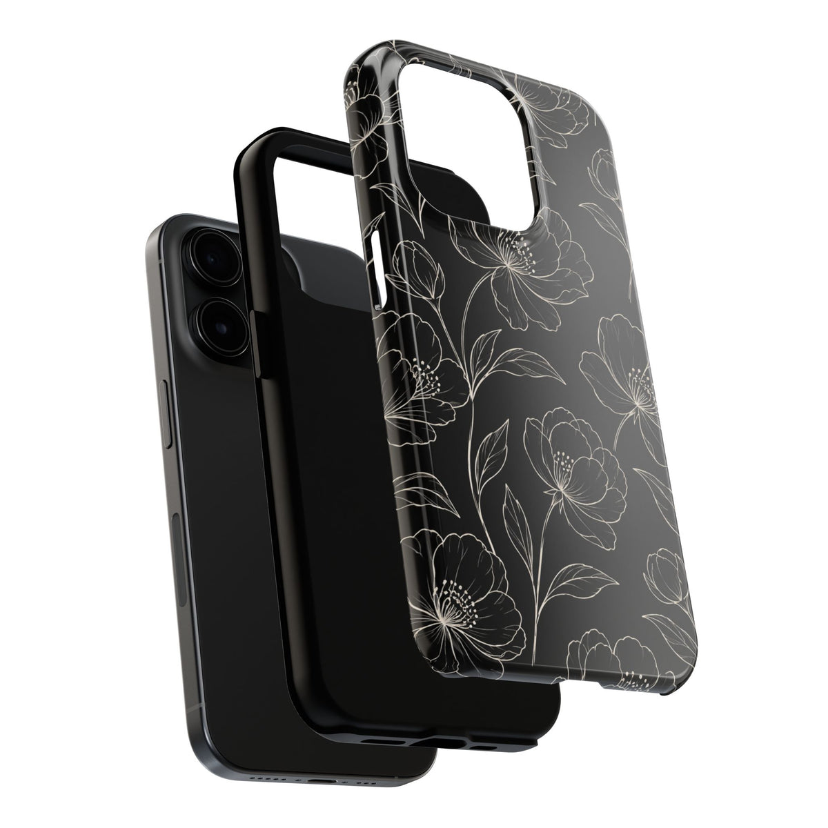 Black Floral Tough Phone Case – White Line Art Flowers Protective Cover