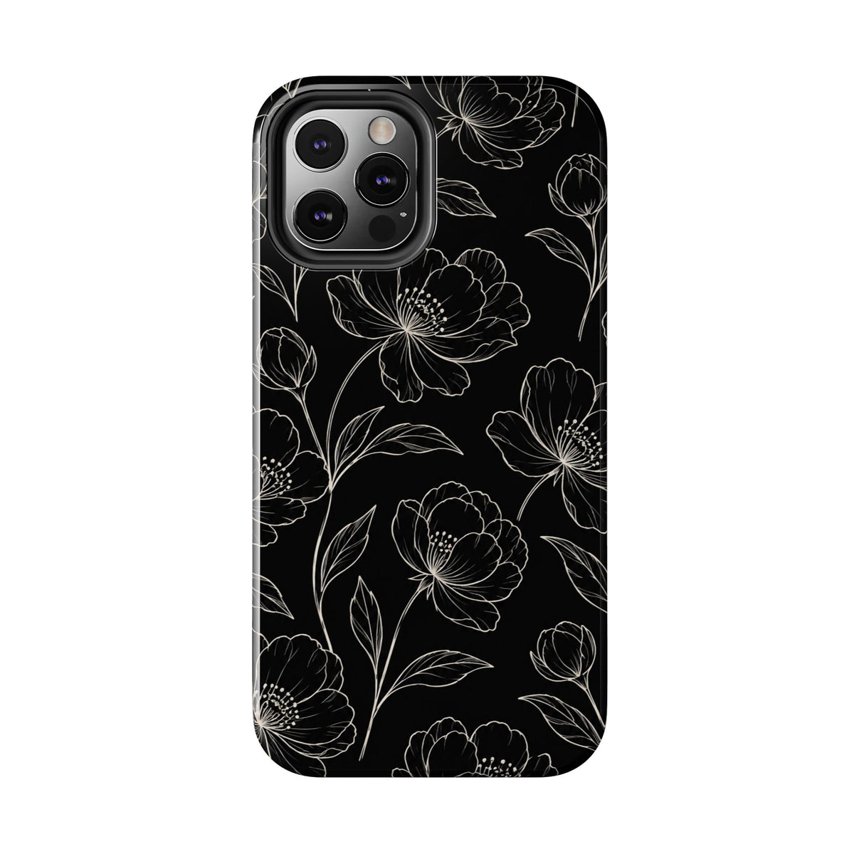 Black Floral Tough Phone Case – White Line Art Flowers Protective Cover