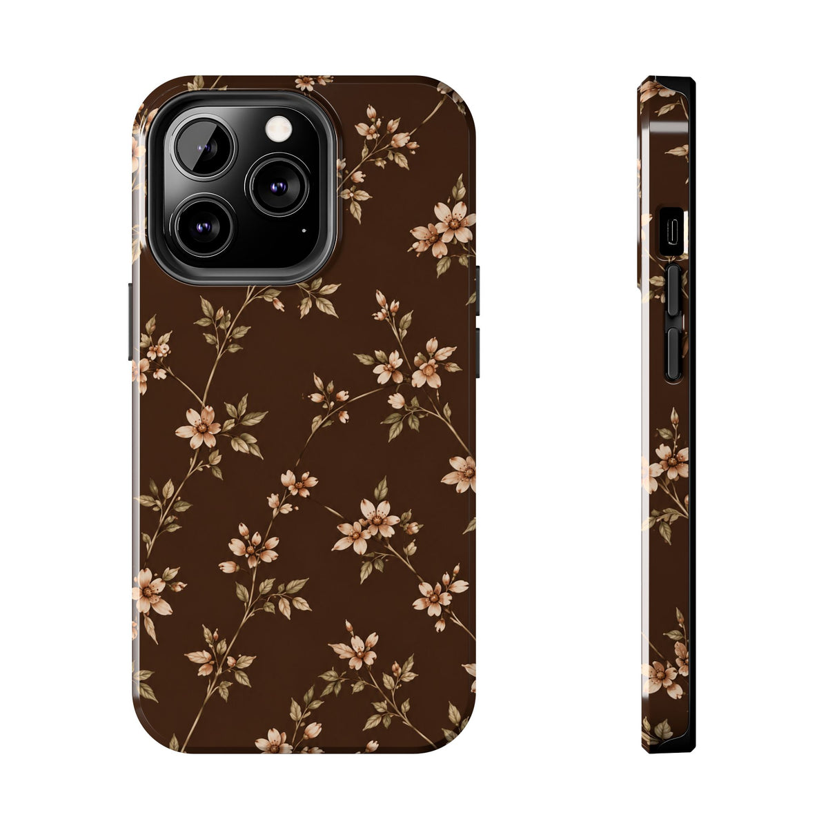 Floral Brown Tough Phone Case — Vintage Cherry Blossom Protective Cover
