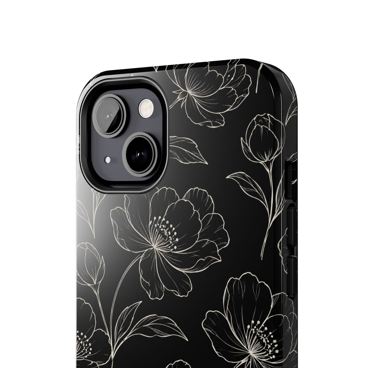Black Floral Tough Phone Case – White Line Art Flowers Protective Cover