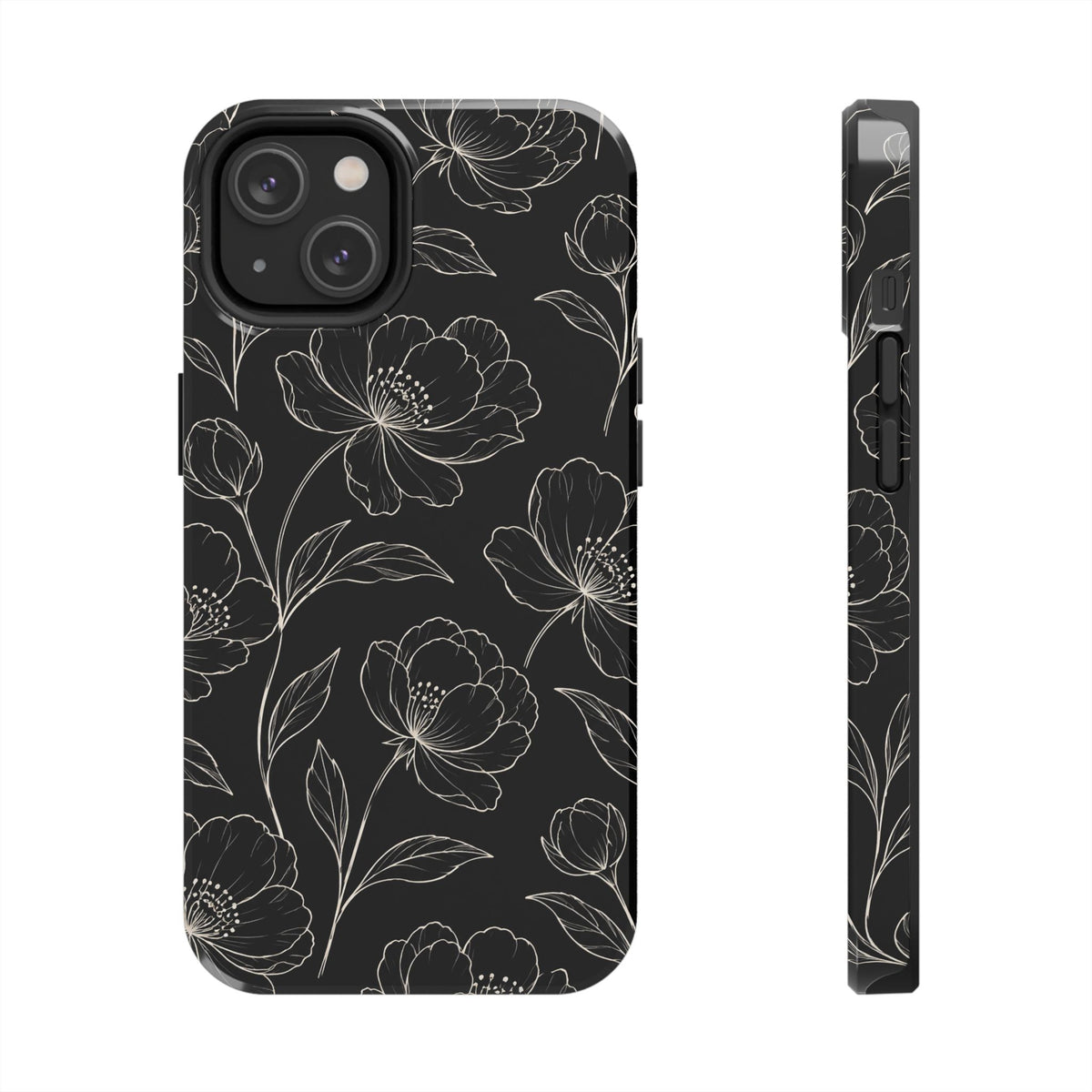 Black Floral Tough Phone Case – White Line Art Flowers Protective Cover