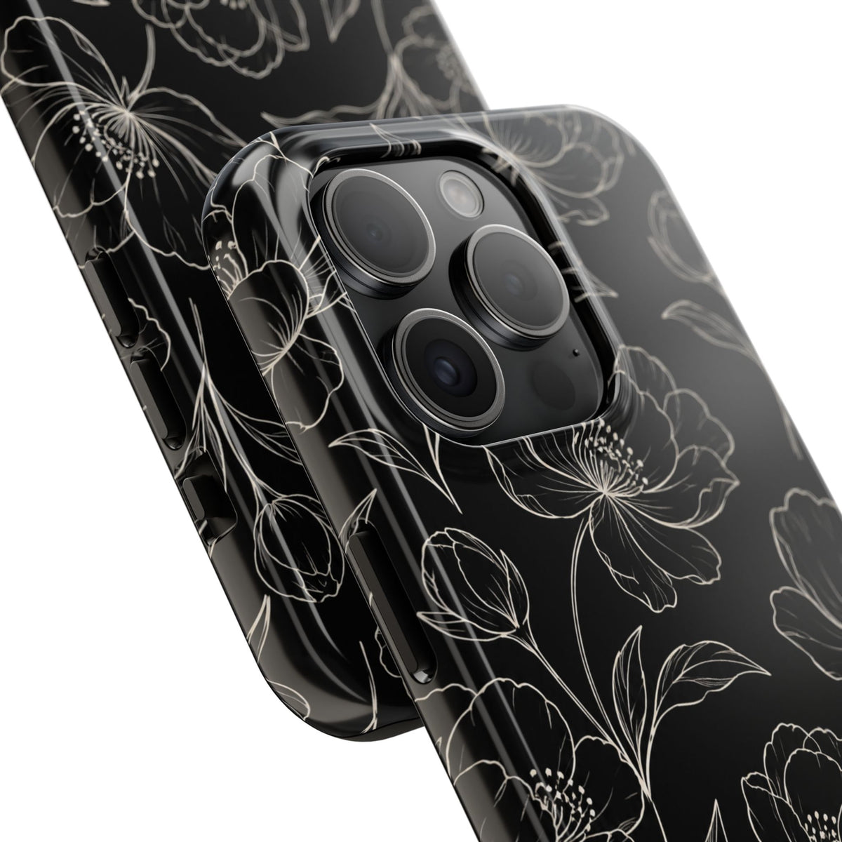 Black Floral Tough Phone Case – White Line Art Flowers Protective Cover