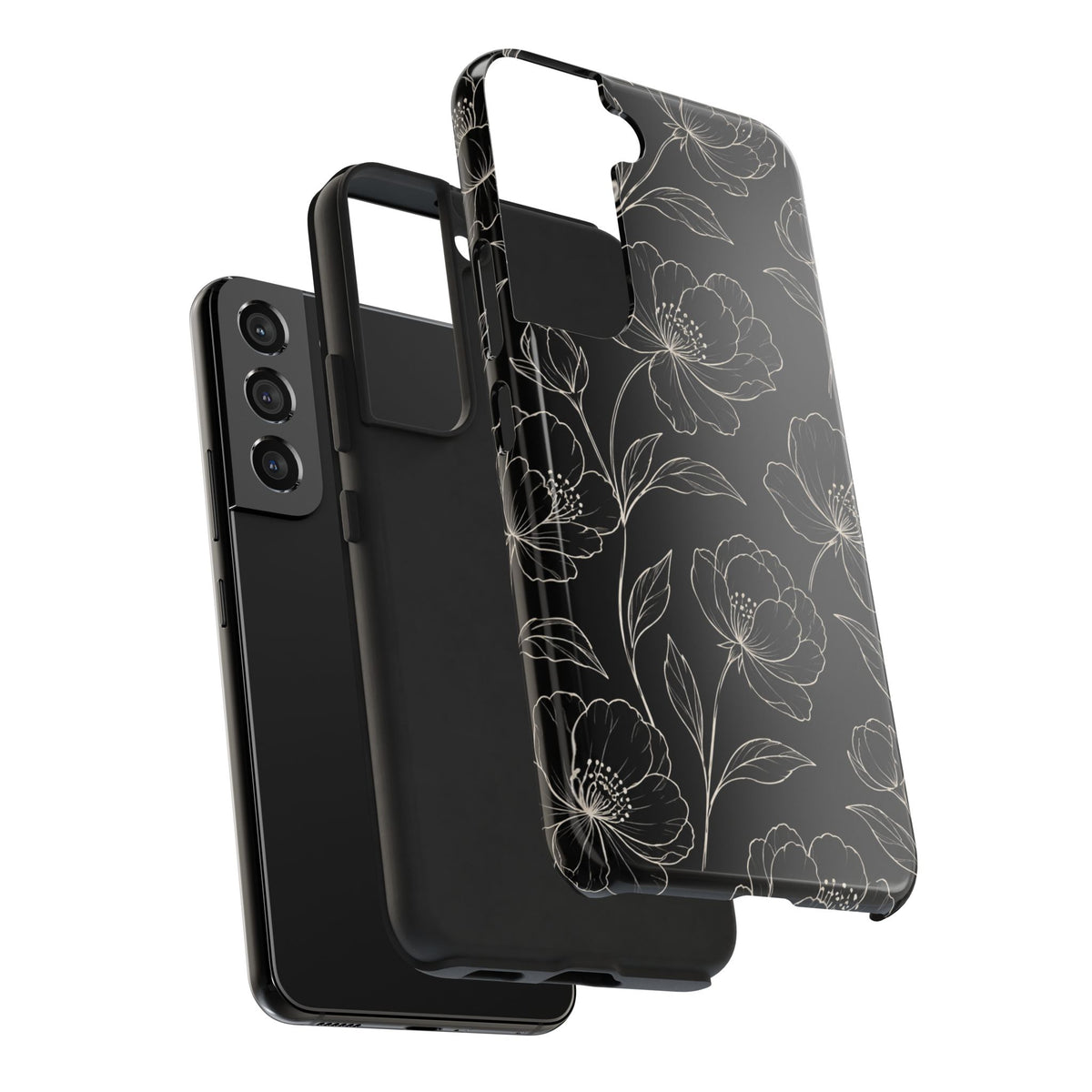Black Floral Tough Phone Case – White Line Art Flowers Protective Cover