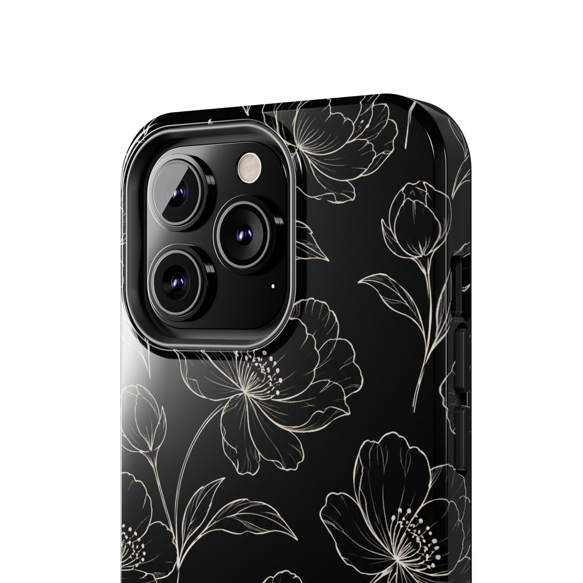 Black Floral Tough Phone Case – White Line Art Flowers Protective Cover
