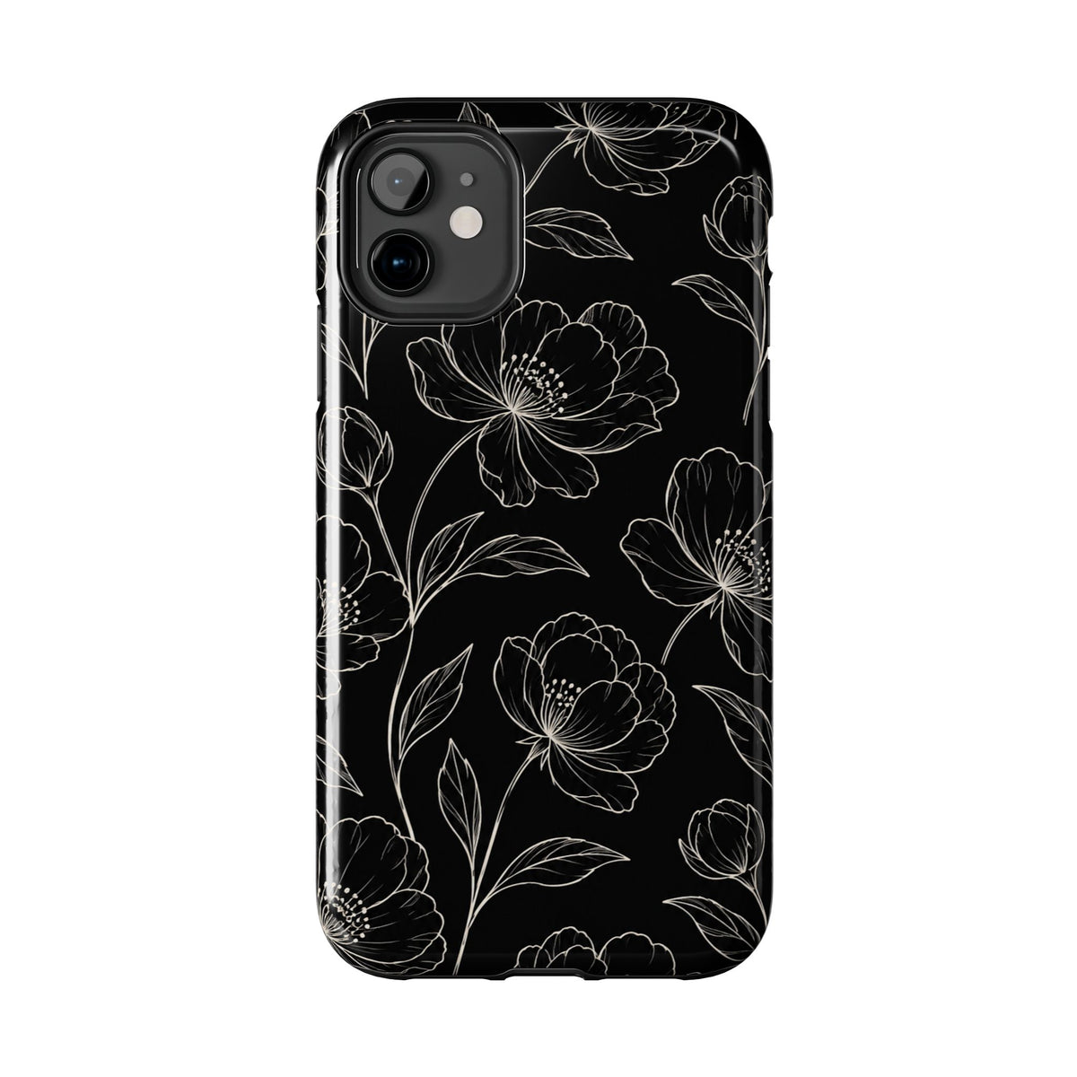Black Floral Tough Phone Case – White Line Art Flowers Protective Cover