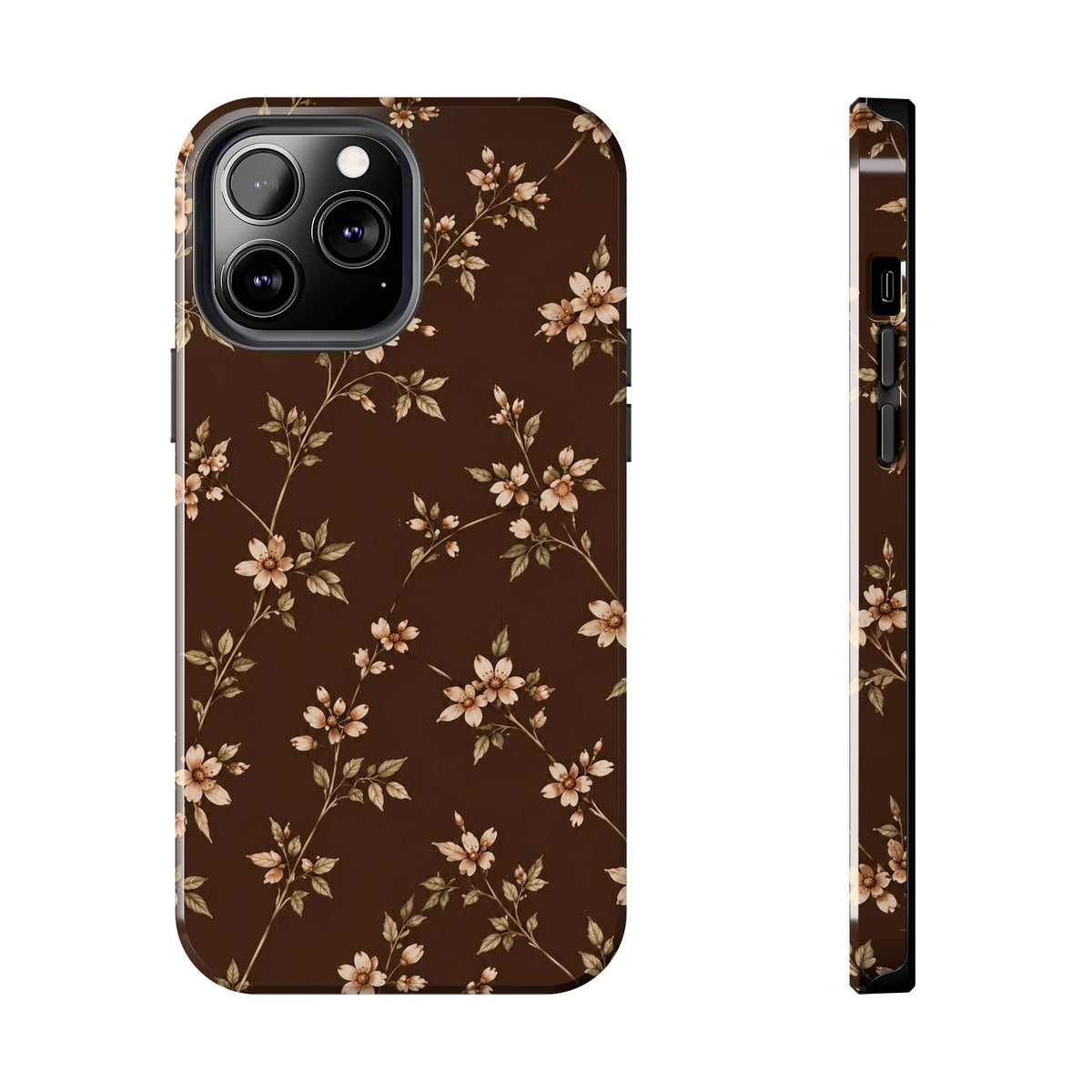 Floral Brown Tough Phone Case — Vintage Cherry Blossom Protective Cover
