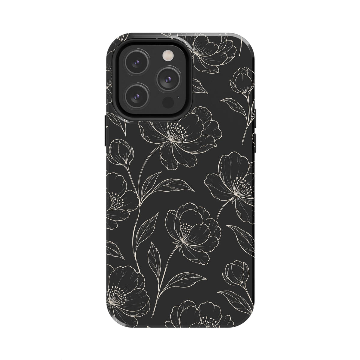 Black Floral Tough Phone Case – White Line Art Flowers Protective Cover