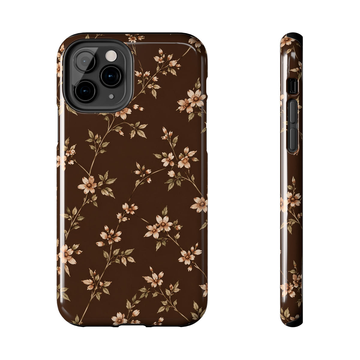 Floral Brown Tough Phone Case — Vintage Cherry Blossom Protective Cover