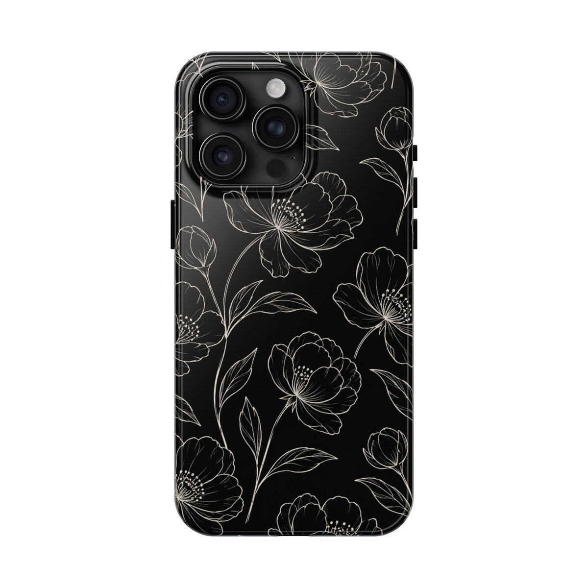 Black Floral Tough Phone Case – White Line Art Flowers Protective Cover