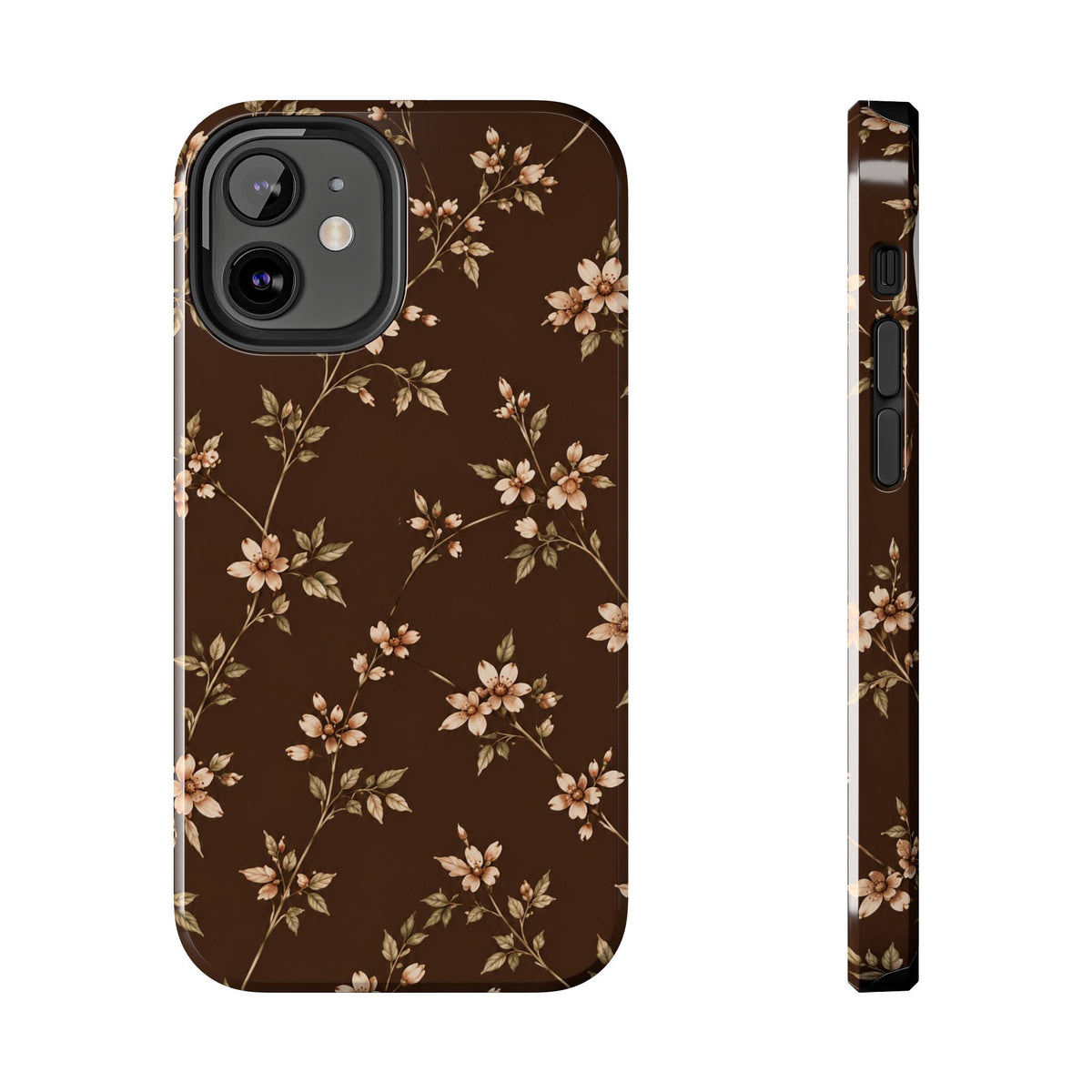 Floral Brown Tough Phone Case — Vintage Cherry Blossom Protective Cover