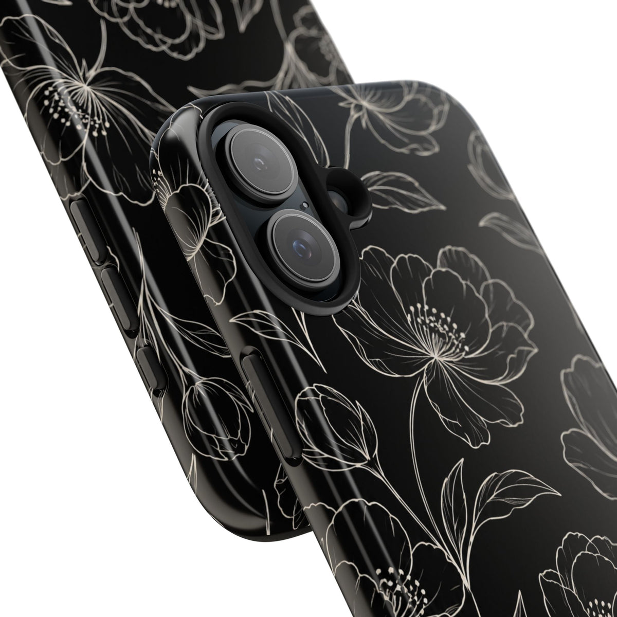 Black Floral Tough Phone Case – White Line Art Flowers Protective Cover
