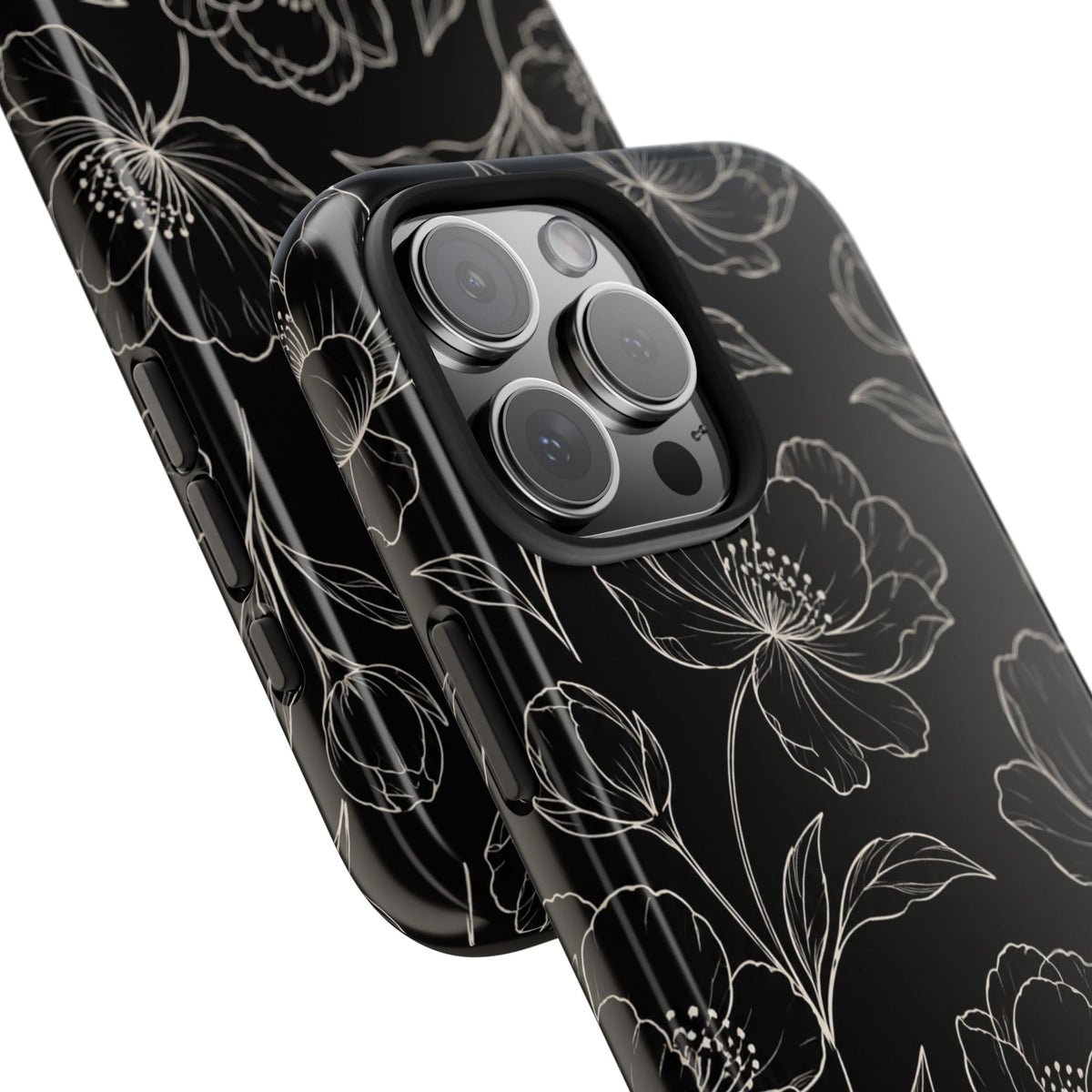 Black Floral Tough Phone Case – White Line Art Flowers Protective Cover
