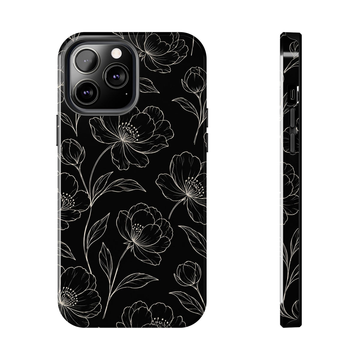 Black Floral Tough Phone Case – White Line Art Flowers Protective Cover