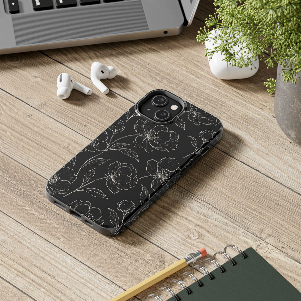 Black Floral Tough Phone Case – White Line Art Flowers Protective Cover
