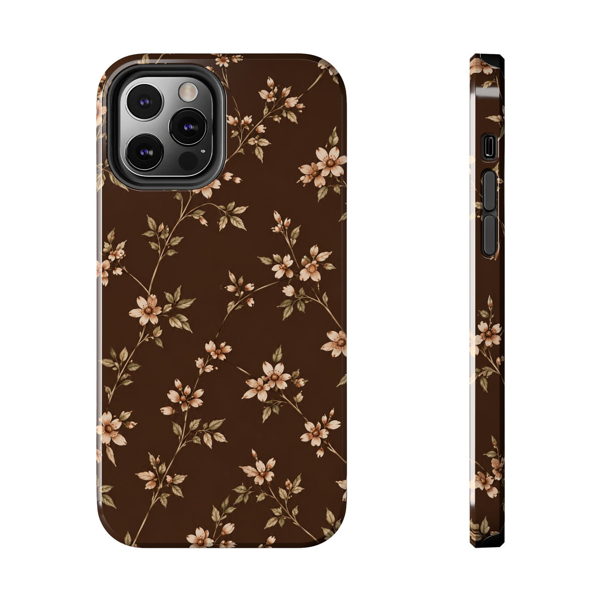 Floral Brown Tough Phone Case — Vintage Cherry Blossom Protective Cover