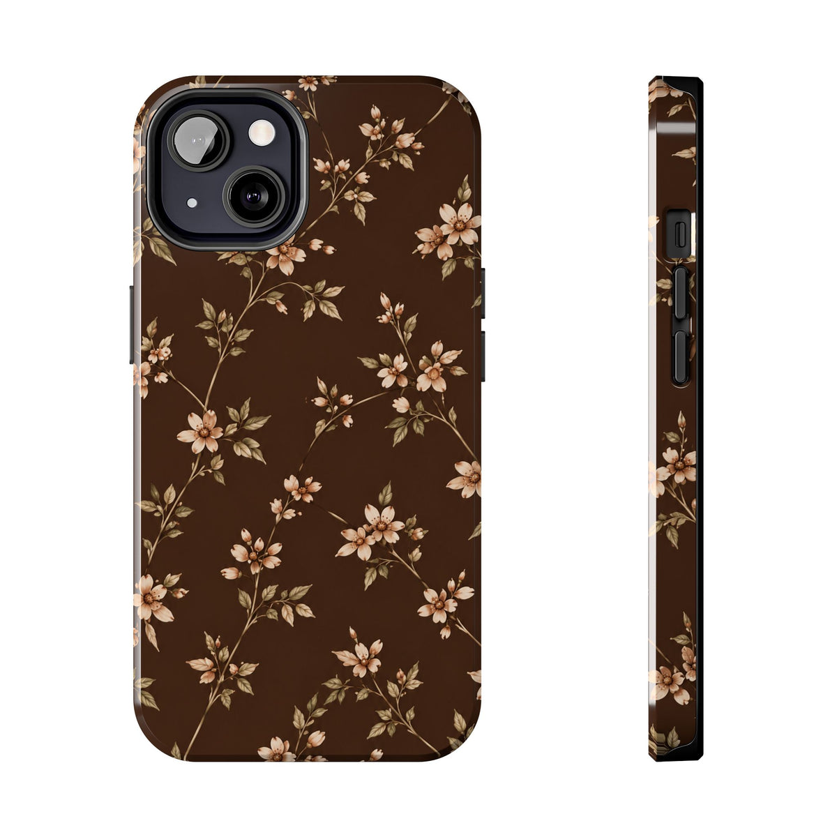 Floral Brown Tough Phone Case — Vintage Cherry Blossom Protective Cover