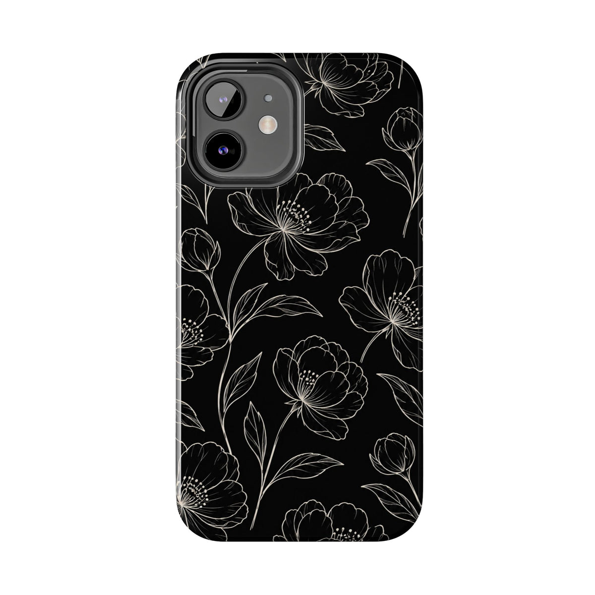 Black Floral Tough Phone Case – White Line Art Flowers Protective Cover