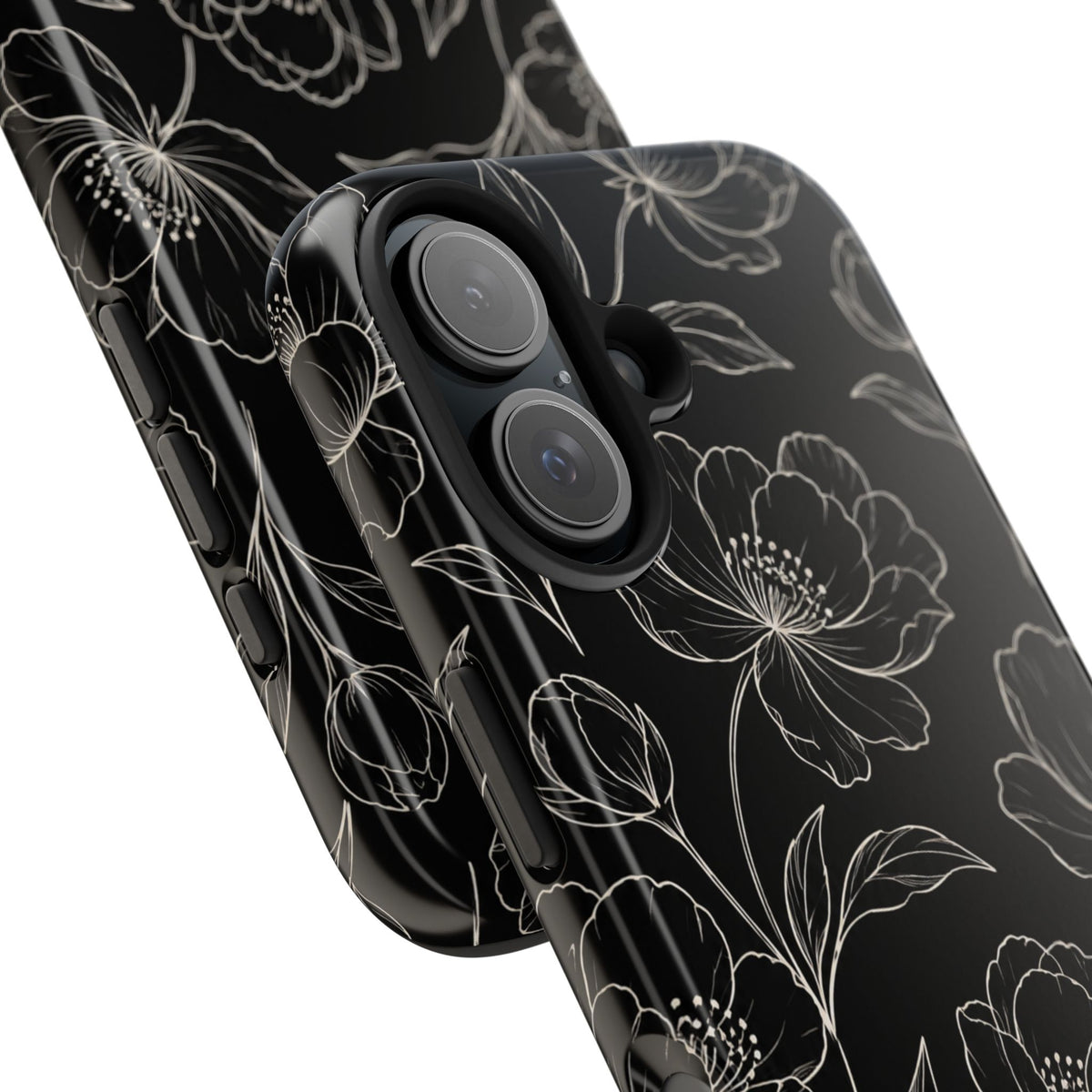 Black Floral Tough Phone Case – White Line Art Flowers Protective Cover