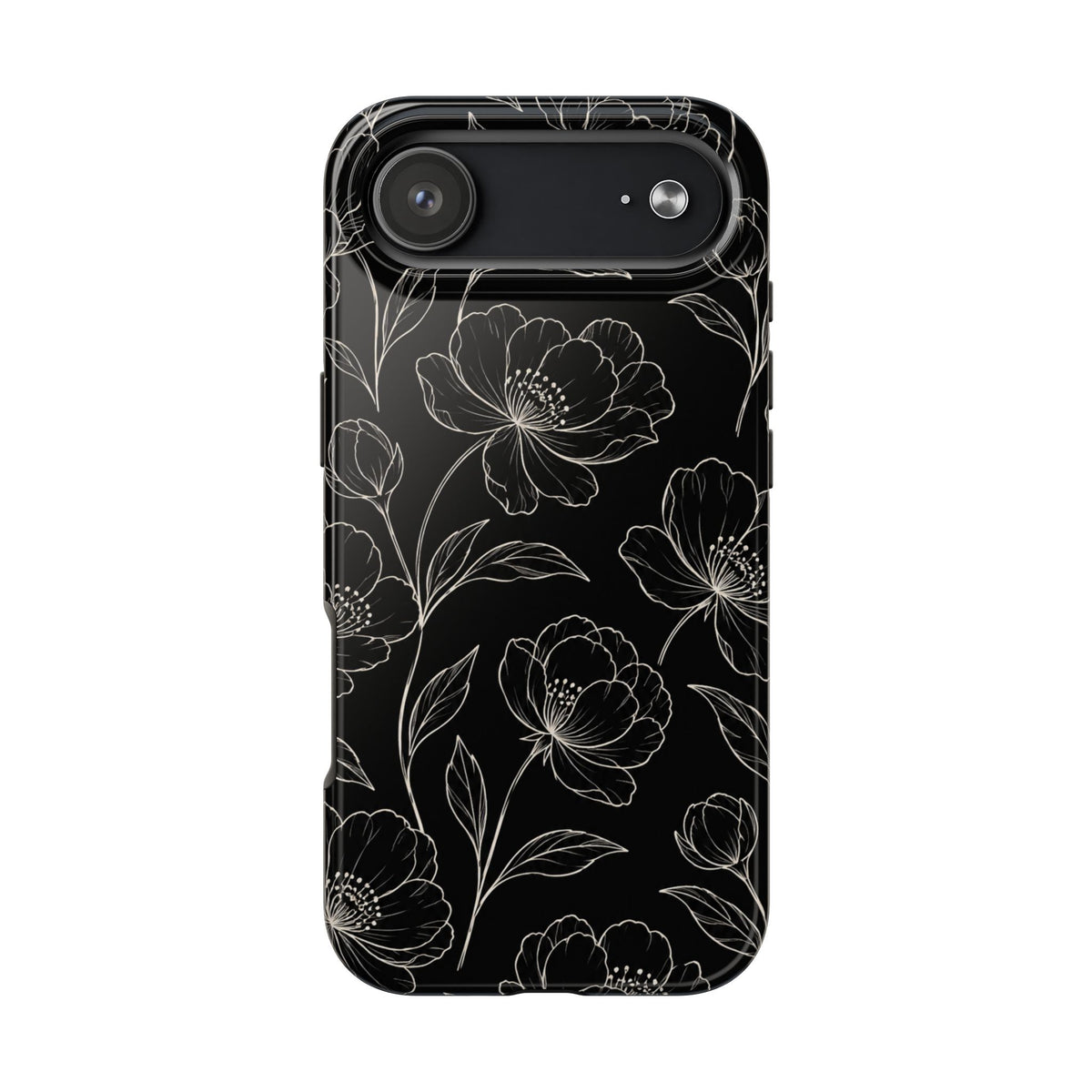 Black Floral Tough Phone Case – White Line Art Flowers Protective Cover