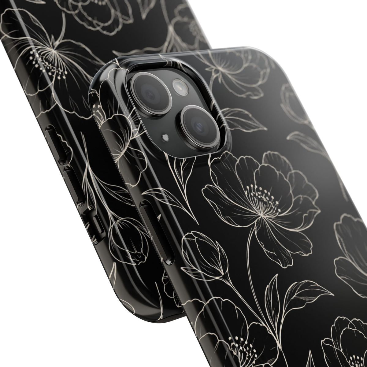 Black Floral Tough Phone Case – White Line Art Flowers Protective Cover