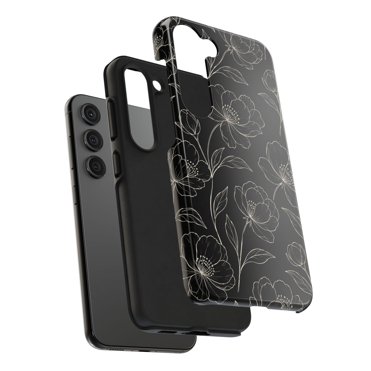 Black Floral Tough Phone Case – White Line Art Flowers Protective Cover