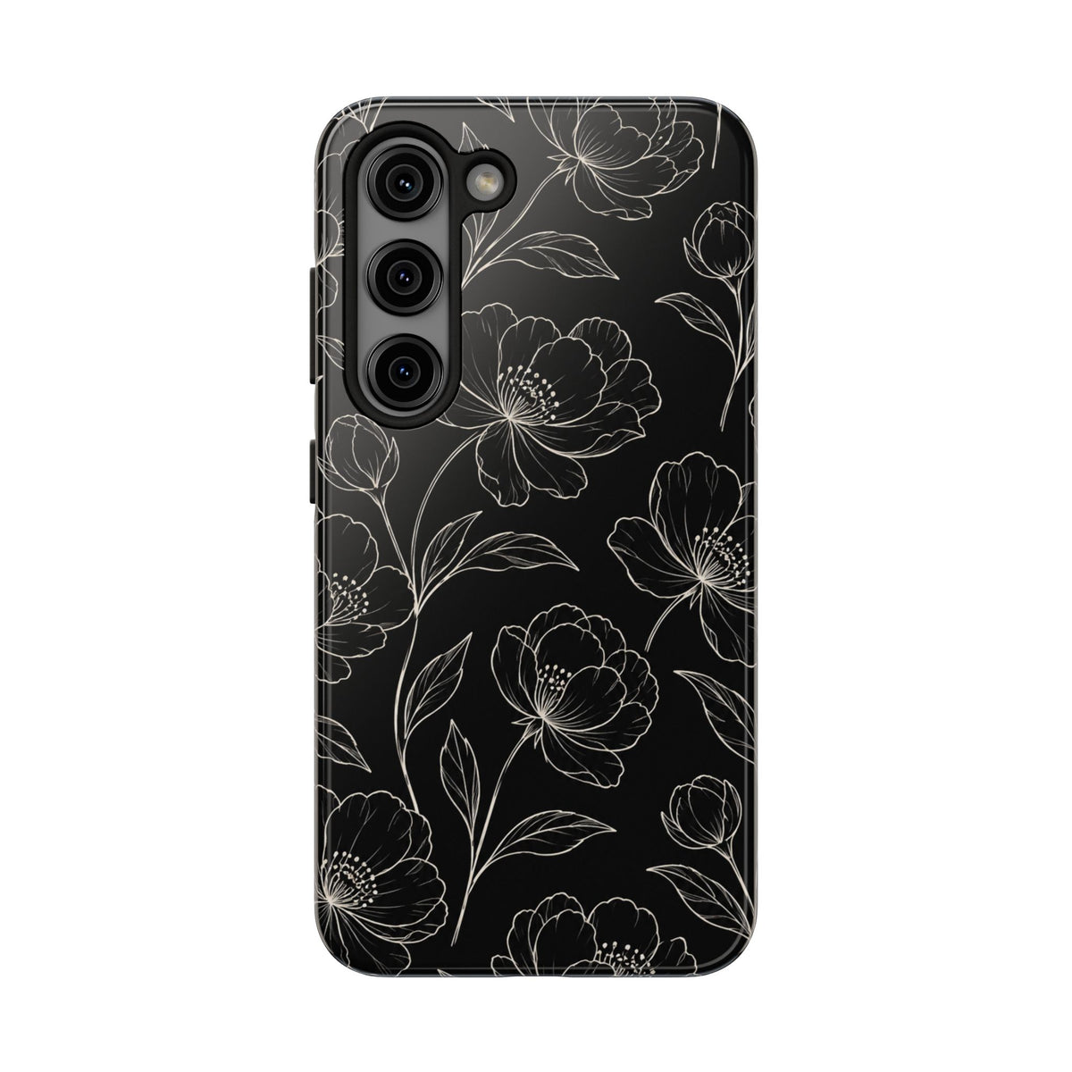 Black Floral Tough Phone Case – White Line Art Flowers Protective Cover