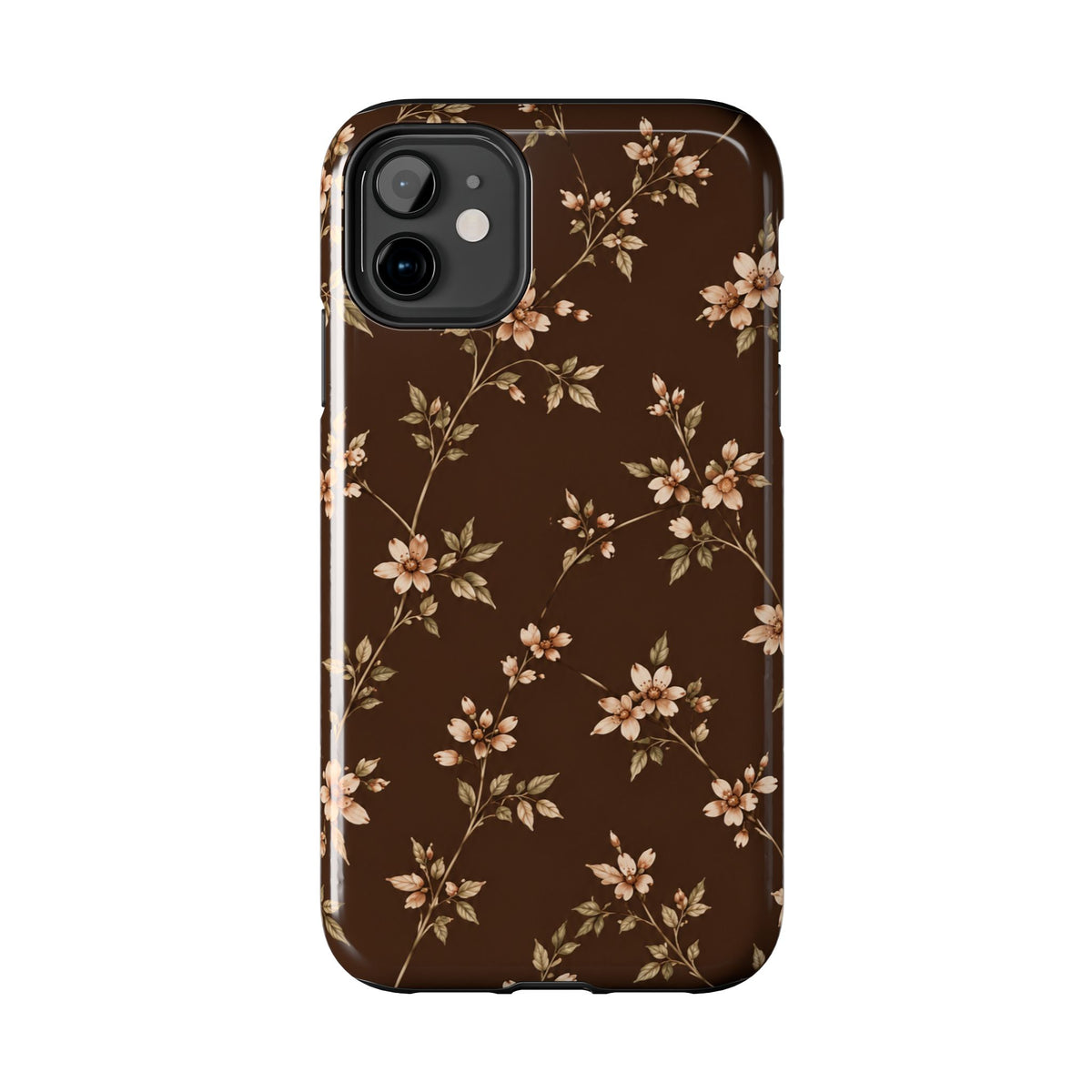 Floral Brown Tough Phone Case — Vintage Cherry Blossom Protective Cover